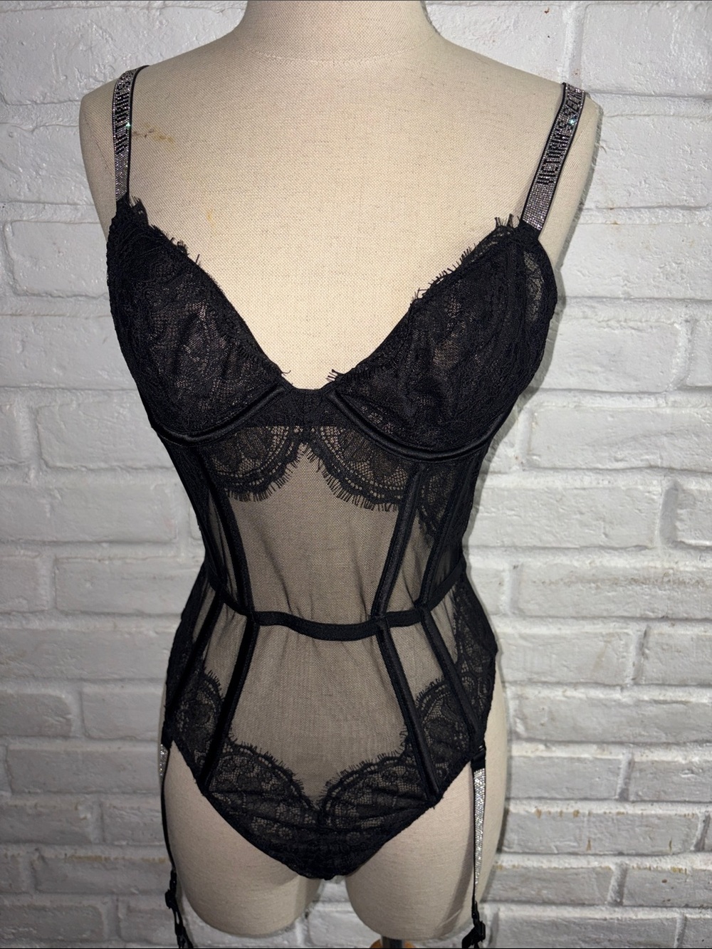 Victoria Secret Black Lace Sheer Bodysuit Corset with Underwire Support Size M